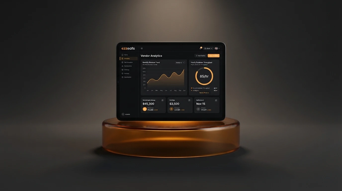 The ezzeats vendor analytics dashboard on a tablet, showing monthly revenue trend, settlement status and hourly customer throughput, on an amber glass pedestal.