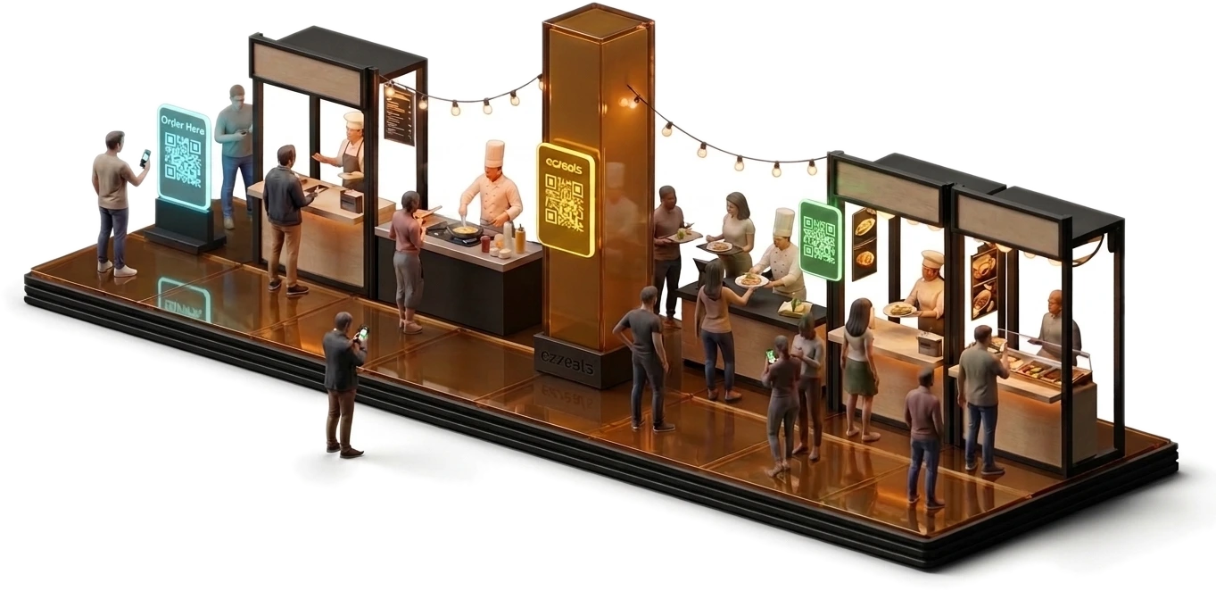 A miniature ezzeats food court with several stalls — customers scanning QR codes to order, chefs cooking and handing over plated food, a glowing directory totem at the centre.