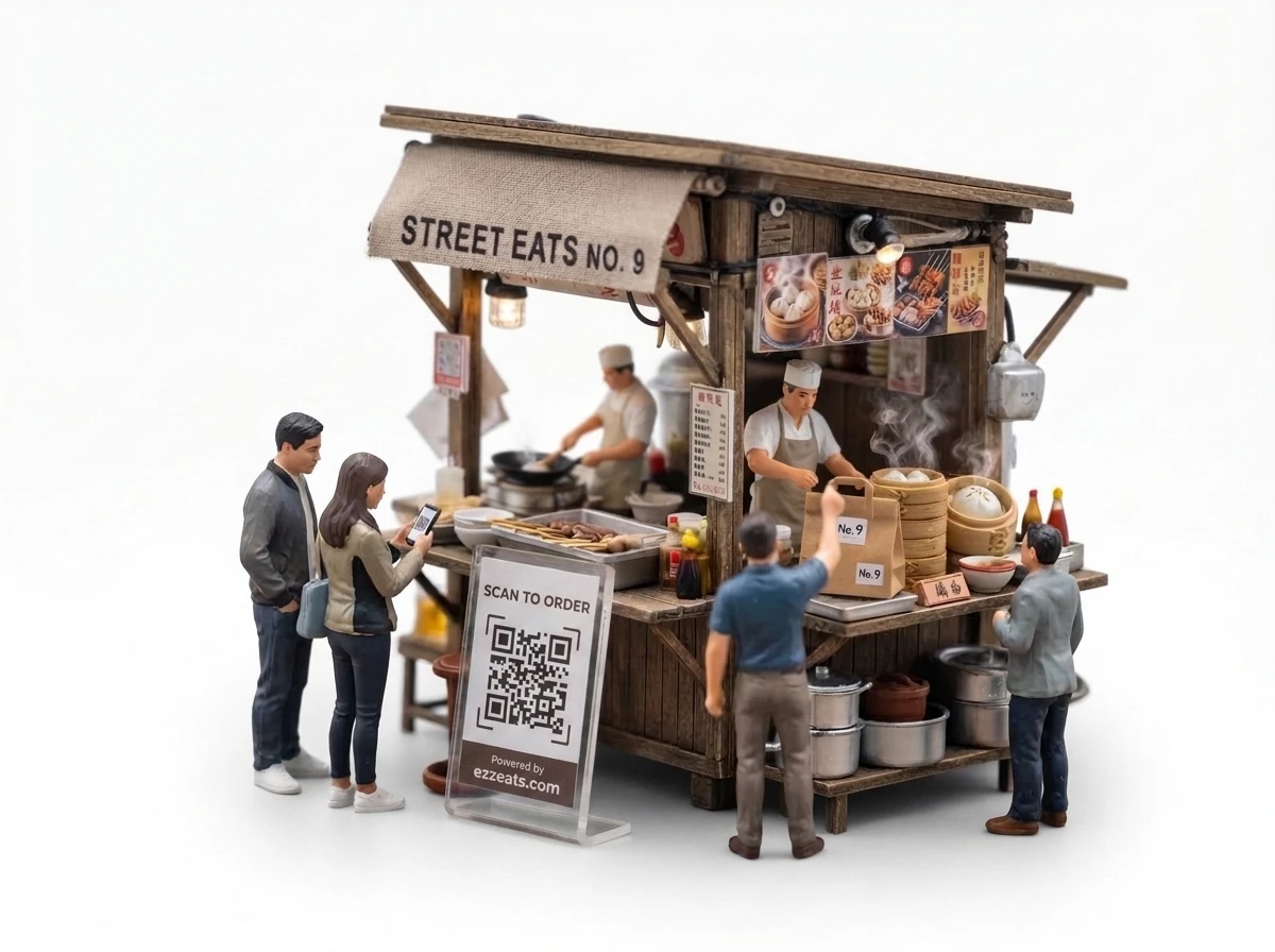 One customer scanning the ezzeats QR stand while another customer collects a finished order bag from the chef.