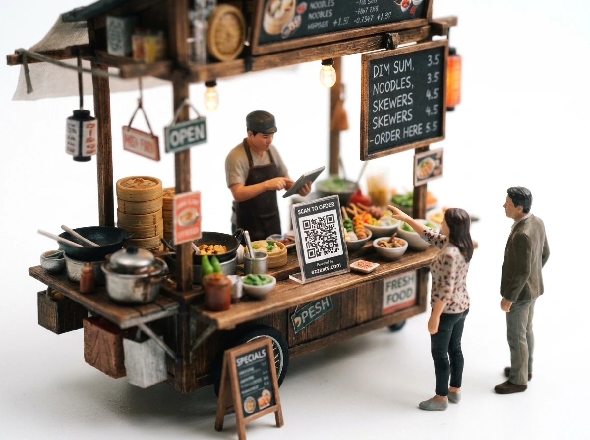 A customer ordering at a street food stall next to an ezzeats Scan To Order QR stand, while the chef prepares food behind the counter.