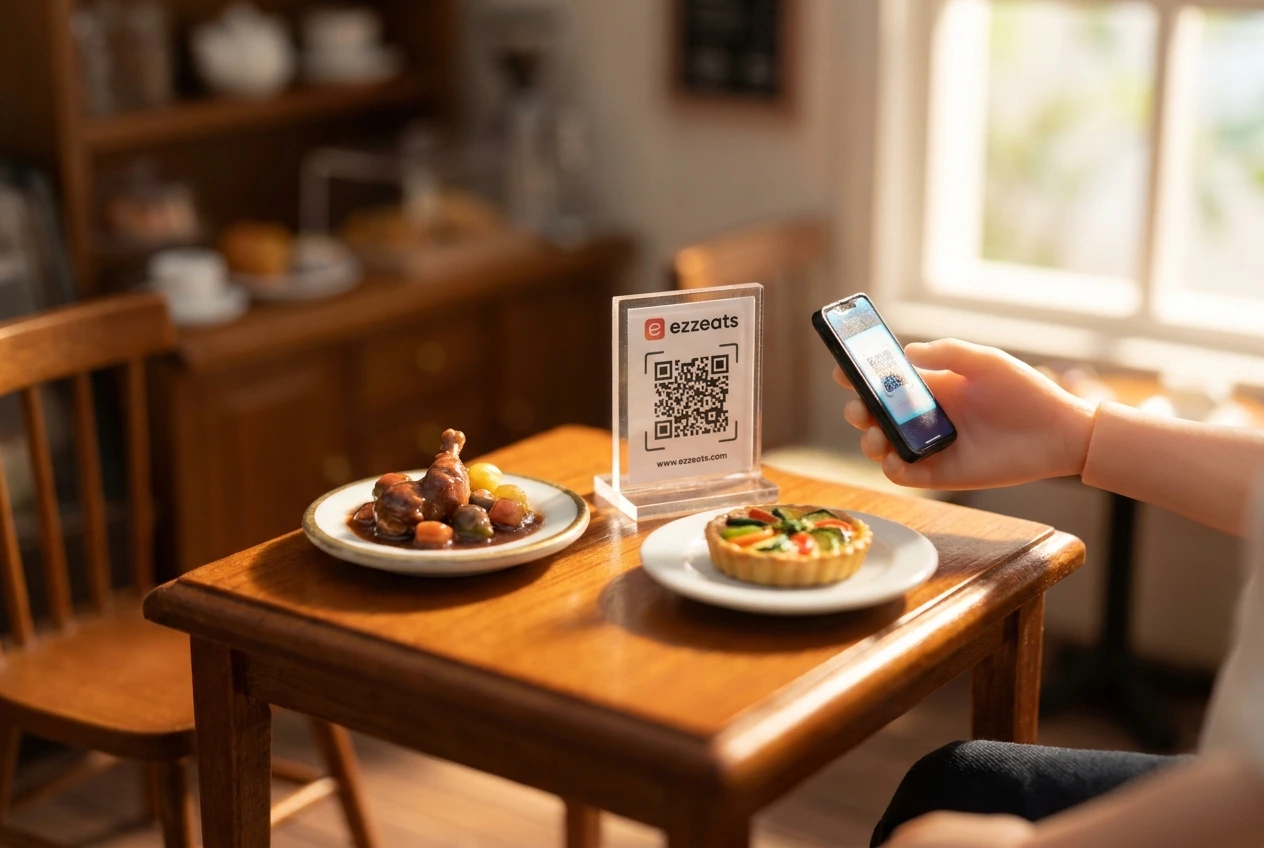 A miniature café table with two plated dishes and an ezzeats QR card, a hand scanning it with a phone.