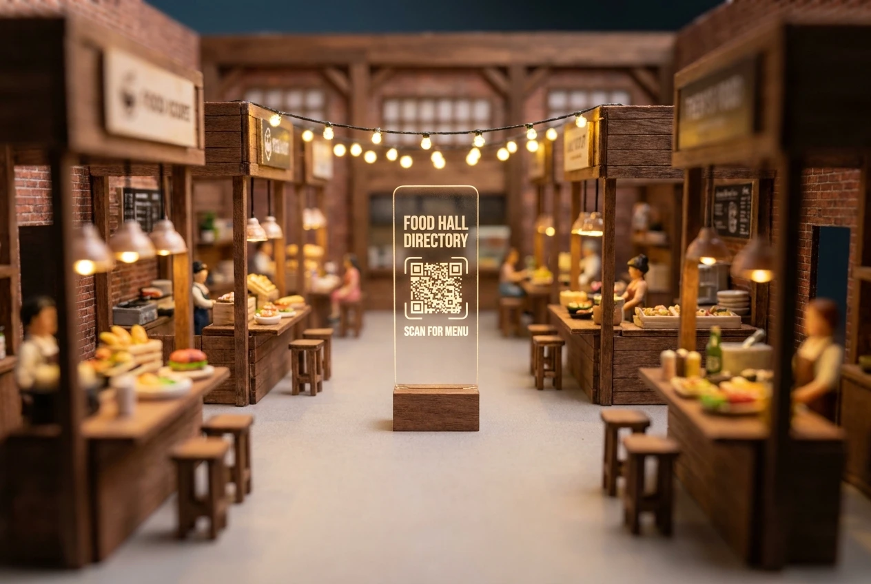 A miniature food court hall with several stalls either side and a glowing Food Hall Directory QR stand in the centre.