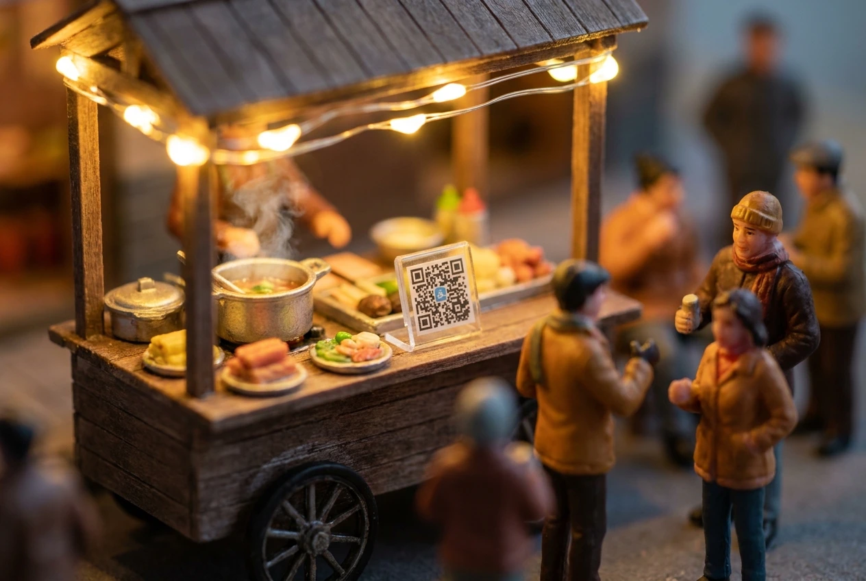 A miniature street food cart at night with string lights, a steaming pot, and an ezzeats QR stand on the counter.